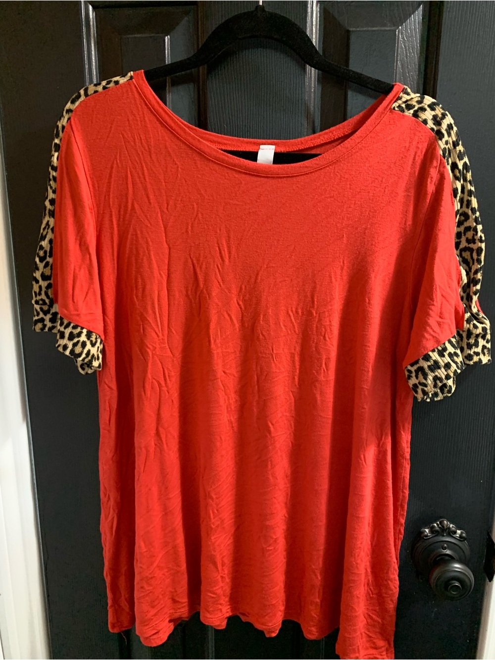 Red Short-Sleeve Top with Leopard Trim